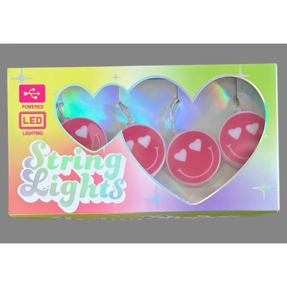 LED Smiley Face String Lights Pink Heart Eyes 21ft Lot Of 4 Party Room Décor New